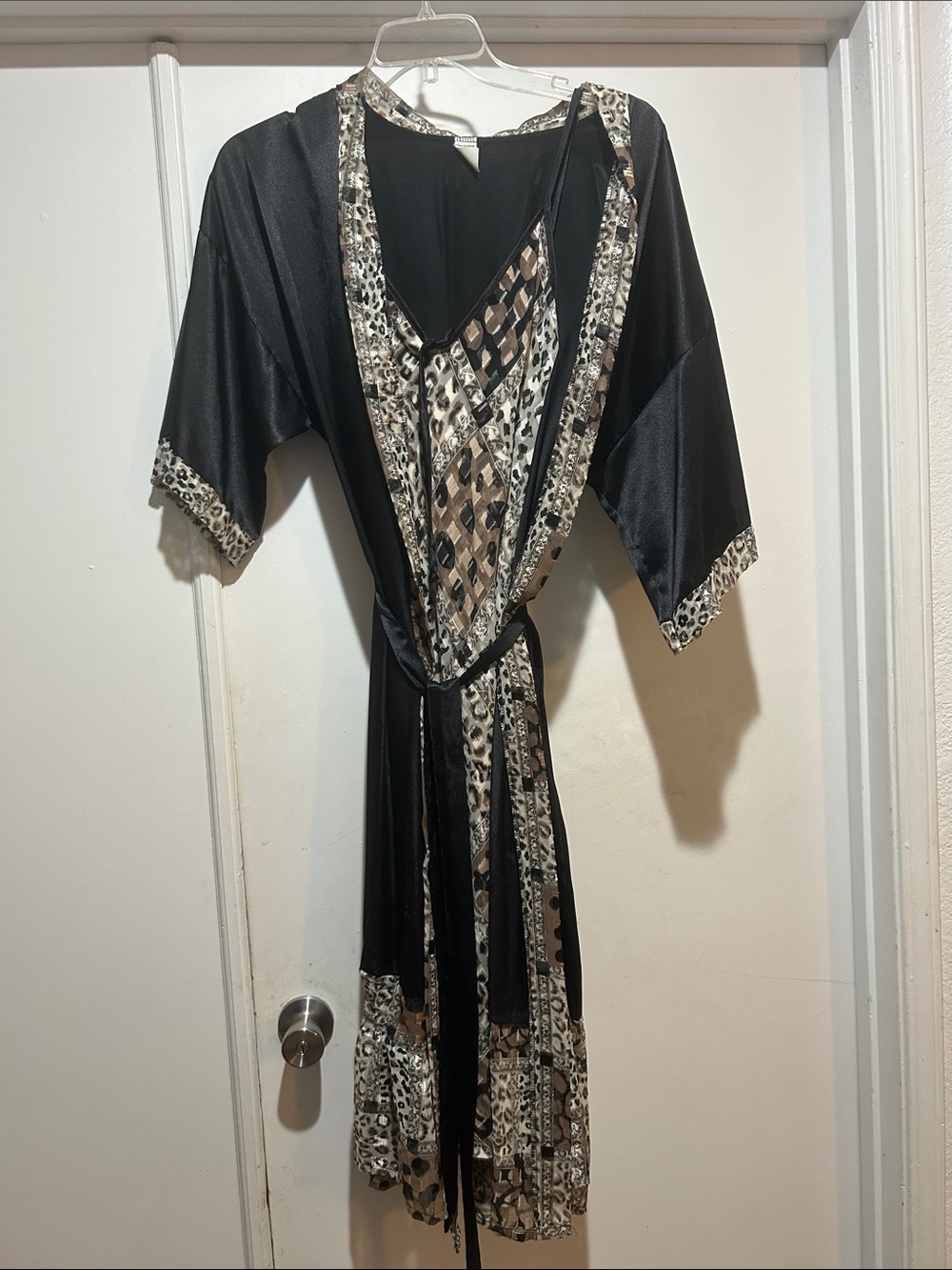 Black Satin Kimono Robe with Leopard Trim and matching slip dress